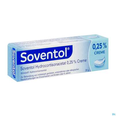 Sie sehen eine Packung Soventol Hydrocortisonacetat Creme 0,25% 20g, Produktbild: 04 Soventol Hydrocortisonacetat Creme 0,25% 20g, A-Nr.: 5518701 - 04