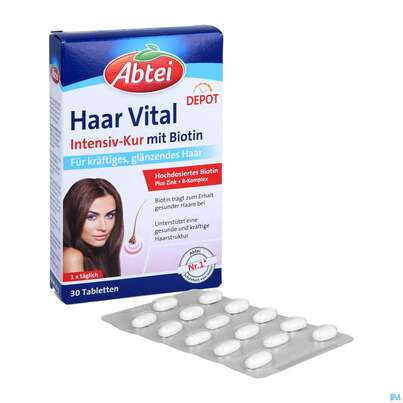 Sie sehen eine Packung Abtei Tabl Haar Vital Titandioxidfrei 50000 30st, Produktbild: 06 Abtei Tabl Haar Vital Titandioxidfrei 50000 30st, A-Nr.: 5720443 - 06
