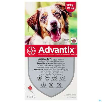 Advantix Spot On F Hunde lösung Z.auftropfen Auf Die Haut Ueber 10-25kg 2,5ml 4st, A-Nr.: 2454372 - 01