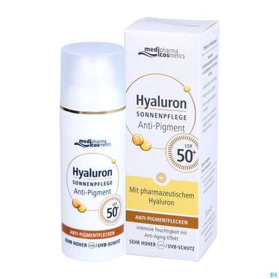 Sie sehen eine Packung Sonnenprodukte Hyaluron Sonnenpflege Gesicht Anti-pigment Anti-age F50+ 50ml, Produktbild: 06 Sonnenprodukte Hyaluron Sonnenpflege Gesicht Anti-pigment Anti-age F50+ 50ml, A-Nr.: 5074842 - 06