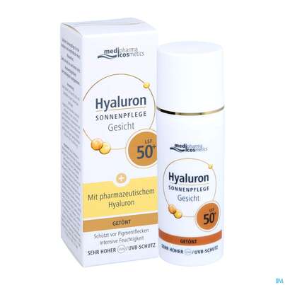 Sie sehen eine Packung Sonnenprodukte Hyaluron Sonnenpflege Gesicht Lsf50+ Getoent 50ml, Produktbild: 06 Sonnenprodukte Hyaluron Sonnenpflege Gesicht Lsf50+ Getoent 50ml, A-Nr.: 4834802 - 06