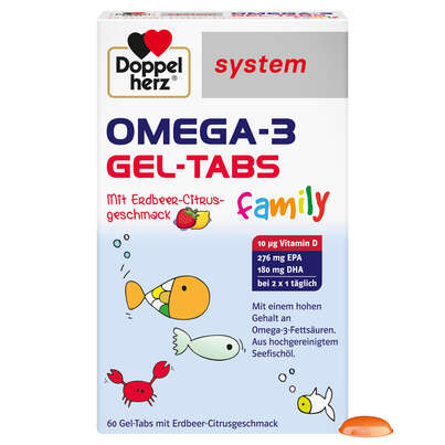 Sie sehen eine Packung Doppelherz system OMEGA-3 family Gel-Tabs zum Kauen, Produktbild: 01 Doppelherz system OMEGA-3 family Gel-Tabs zum Kauen, A-Nr.: 5679373 - 01