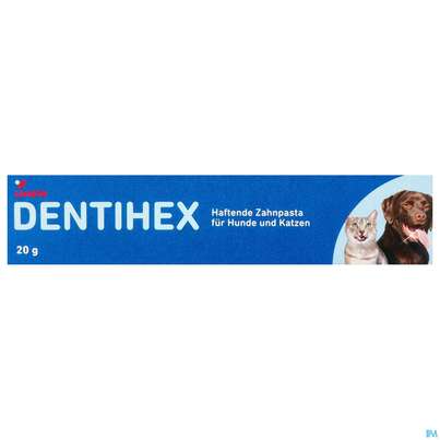 Sie sehen eine Packung Veterinaerprodukte Dentihex Paste Hunde +katzen 20g, Produktbild: 01 Veterinaerprodukte Dentihex Paste Hunde +katzen 20g, A-Nr.: 5830172 - 01
