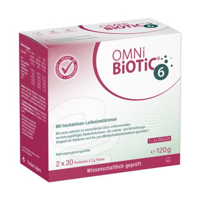 Sie sehen eine Packung OMNi-BiOTiC® 6, 2x60g, Produktbild: 01 OMNi-BiOTiC® 6, 2x60g, A-Nr.: 3133486 - 01