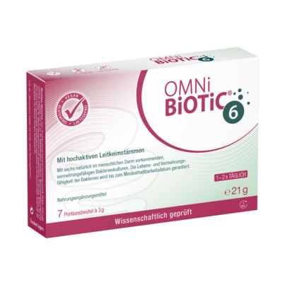 Sie sehen eine Packung OMNi-BiOTiC® 6, 7 Sachets a 3g, Produktbild: 01 OMNi-BiOTiC® 6, 7 Sachets a 3g, A-Nr.: 3084457 - 01