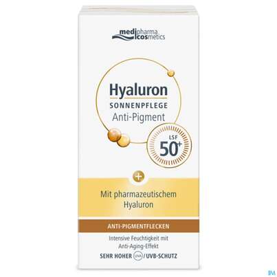 Sie sehen eine Packung Sonnenprodukte Hyaluron Sonnenpflege Gesicht Anti-pigment Anti-age F50+ 50ml, Produktbild: 02 Sonnenprodukte Hyaluron Sonnenpflege Gesicht Anti-pigment Anti-age F50+ 50ml, A-Nr.: 5074842 - 02