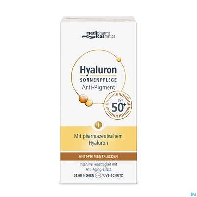 Sie sehen eine Packung Sonnenprodukte Hyaluron Sonnenpflege Gesicht Anti-pigment Anti-age F50+ 50ml, Produktbild: 03 Sonnenprodukte Hyaluron Sonnenpflege Gesicht Anti-pigment Anti-age F50+ 50ml, A-Nr.: 5074842 - 03