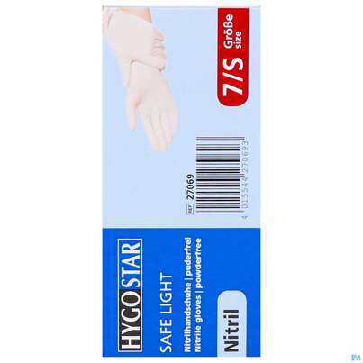 Sie sehen eine Packung Untersuchungshandschuhe Nitril/unsteril Puderfrei/hypoallergen Safe Light Weiss S 27069 100st, Produktbild: 09 Untersuchungshandschuhe Nitril/unsteril Puderfrei/hypoallergen Safe Light Weiss S 27069 100st, A-Nr.: 3049395 - 09