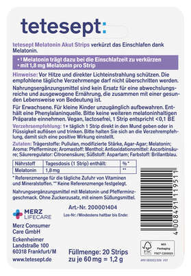 Sie sehen eine Packung tetesept Melatonin Akut Strips 20St, Produktbild: 02 tetesept Melatonin Akut Strips 20St, A-Nr.: 6007121 - 02