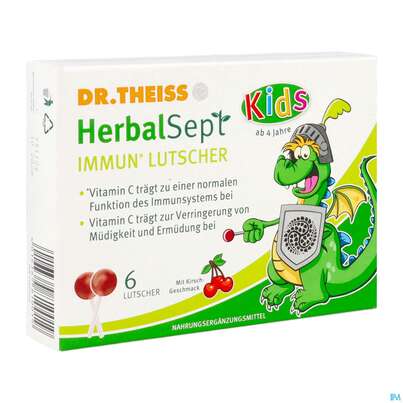 Sie sehen eine Packung Immun Lutscher Kids -dr.theiss Herbalsept 6st, Produktbild: 02 Immun Lutscher Kids -dr.theiss Herbalsept 6st, A-Nr.: 5947862 - 02