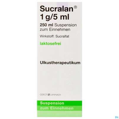 Sie sehen eine Packung Sucralan Orale Susp 1g/5ml 250ml, Produktbild: 01 Sucralan Orale Susp 1g/5ml 250ml, A-Nr.: 1286441 - 01