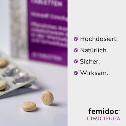 Sie sehen eine Packung femidoc CIMICIFUGA 13 mg Filmtabletten, Produktbild: 05 femidoc CIMICIFUGA 13 mg Filmtabletten, A-Nr.: 5533787 - 05
