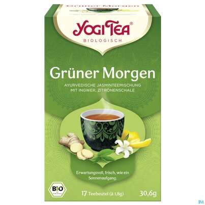 Sie sehen eine Packung Yogi Tea Bio Gruener Morgen 17st, Produktbild: 02 Yogi Tea Bio Gruener Morgen 17st, A-Nr.: 5750160 - 02