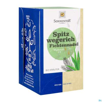 Sie sehen eine Packung Sonnentor Aufgussbeutel/bio Spitzwegerich -fichtennadel 02338 18st, Produktbild: 02 Sonnentor Aufgussbeutel/bio Spitzwegerich -fichtennadel 02338 18st, A-Nr.: 5913136 - 02