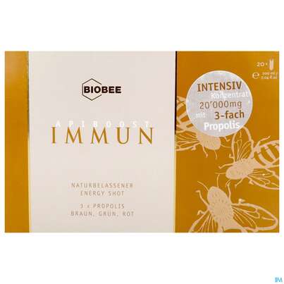Sie sehen eine Packung Biobee Api Boost Trinkampulle Zell-energie-shot Immun 20st, Produktbild: 01 Biobee Api Boost Trinkampulle Zell-energie-shot Immun 20st, A-Nr.: 5421829 - 01