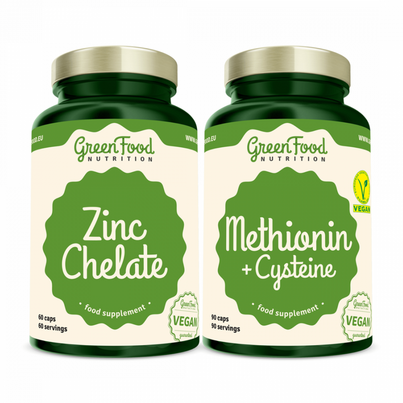 Sie sehen eine Packung GreenFood Nutrition Methionin + Cysteine 90 Kapseln + Zinc Chelate 60 Kapseln, Produktbild: 01 GreenFood Nutrition Methionin + Cysteine 90 Kapseln + Zinc Chelate 60 Kapseln, A-Nr.: 5833839 - 01