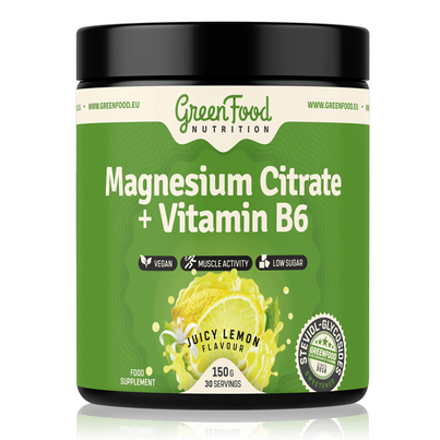 Sie sehen eine Packung GreenFood Nutrition Magnesium Citrate + Vitamin B6 150 G Zitrone, Produktbild: 01 GreenFood Nutrition Magnesium Citrate + Vitamin B6 150 G Zitrone, A-Nr.: 6004588 - 01