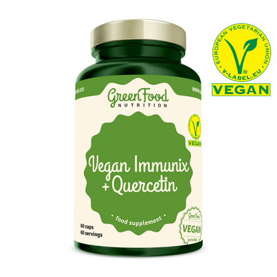 Sie sehen eine Packung GreenFood Nutrition Vegan Immunix + Quercetin 60 Kapseln, Produktbild: 01 GreenFood Nutrition Vegan Immunix + Quercetin 60 Kapseln, A-Nr.: 5634873 - 01