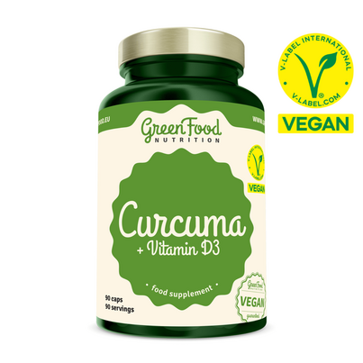 Sie sehen eine Packung GreenFood Nutrition Curcuma + Vitamin D3 90 Kapseln, Produktbild: 01 GreenFood Nutrition Curcuma + Vitamin D3 90 Kapseln, A-Nr.: 6004022 - 01