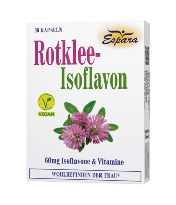 Sie sehen eine Packung Espara Rotklee-Isoflavon Kapseln, Produktbild: 01 Espara Rotklee-Isoflavon Kapseln, A-Nr.: 4299088 - 01