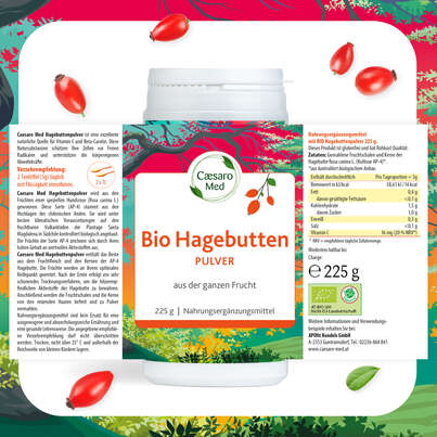 Sie sehen eine Packung Hagebuttenpulver Caesaro Med 225 g, Produktbild: 04 Hagebuttenpulver Caesaro Med 225 g, A-Nr.: 3148298 - 04