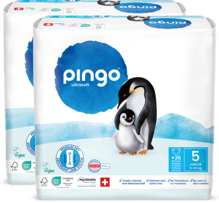 Sie sehen eine Packung Bio Windeln Nr.5 Junior Jumbo 11-16kg Pinguin – Pingo Swiss, Produktbild: 01 Bio Windeln Nr.5 Junior Jumbo 11-16kg Pinguin – Pingo Swiss, A-Nr.: 4559603 - 01