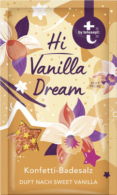 Sie sehen eine Packung t:by tetesept Badesalz Hi Vanilla Dream, Produktbild: 01 t:by tetesept Badesalz Hi Vanilla Dream, A-Nr.: 6021204 - 01
