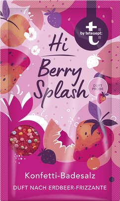 Sie sehen eine Packung t:by tetesept Badesalz Hi Berry Splash!, Produktbild: 01 t:by tetesept Badesalz Hi Berry Splash!, A-Nr.: 6021210 - 01
