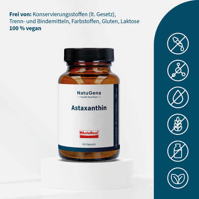 Sie sehen eine Packung NatuGena Astaxanthin Kapseln, Produktbild: 03 NatuGena Astaxanthin Kapseln, A-Nr.: 6011944 - 03