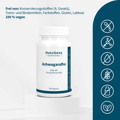 Sie sehen eine Packung NatuGena Ashwagandha Kapseln, Produktbild: 03 NatuGena Ashwagandha Kapseln, A-Nr.: 5699080 - 03