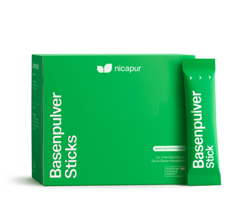 Sie sehen eine Packung nicapur Basenpulver Sticks, Produktbild: 01 nicapur Basenpulver Sticks, A-Nr.: 4788841 - 01