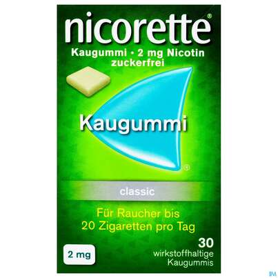 Sie sehen eine Packung Nicorette/classic Kaugummi Z Raucherentw 2mg 30st, Produktbild: 01 Nicorette/classic Kaugummi Z Raucherentw 2mg 30st, A-Nr.: 1267685 - 01