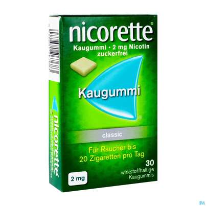 Sie sehen eine Packung Nicorette/classic Kaugummi Z Raucherentw 2mg 30st, Produktbild: 02 Nicorette/classic Kaugummi Z Raucherentw 2mg 30st, A-Nr.: 1267685 - 02