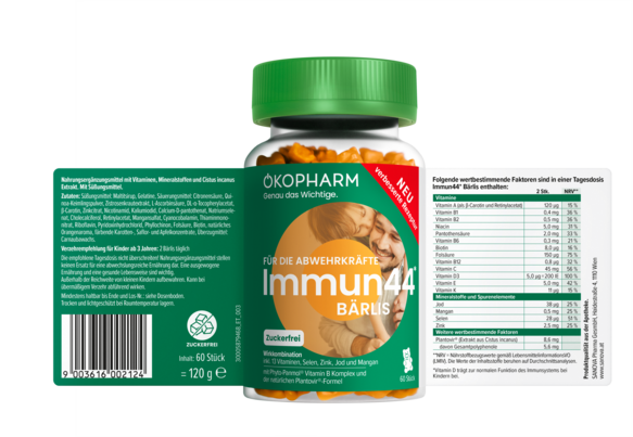 Sie sehen eine Packung Ökopharm® Wirkkombination für die Abwehrkräfte Immun44® Bärlis 60 Stk., Produktbild: 02 Ökopharm® Wirkkombination für die Abwehrkräfte Immun44® Bärlis 60 Stk., A-Nr.: 5879468 - 02