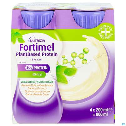 Sie sehen eine Packung Fortimel/plantbased/protein 200ml Flasche Ananas-kokos 4st, Produktbild: 01 Fortimel/plantbased/protein 200ml Flasche Ananas-kokos 4st, A-Nr.: 5919601 - 01