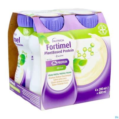 Sie sehen eine Packung Fortimel/plantbased/protein 200ml Flasche Ananas-kokos 4st, Produktbild: 02 Fortimel/plantbased/protein 200ml Flasche Ananas-kokos 4st, A-Nr.: 5919601 - 02