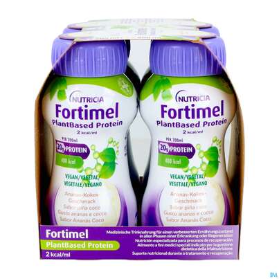 Sie sehen eine Packung Fortimel/plantbased/protein 200ml Flasche Ananas-kokos 4st, Produktbild: 08 Fortimel/plantbased/protein 200ml Flasche Ananas-kokos 4st, A-Nr.: 5919601 - 08