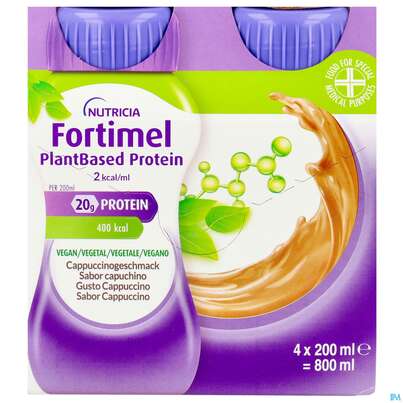 Sie sehen eine Packung Fortimel/plantbased/protein 200ml Flasche Cappuccino 4st, Produktbild: 01 Fortimel/plantbased/protein 200ml Flasche Cappuccino 4st, A-Nr.: 5919624 - 01