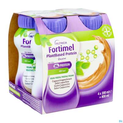 Sie sehen eine Packung Fortimel/plantbased/protein 200ml Flasche Cappuccino 4st, Produktbild: 02 Fortimel/plantbased/protein 200ml Flasche Cappuccino 4st, A-Nr.: 5919624 - 02