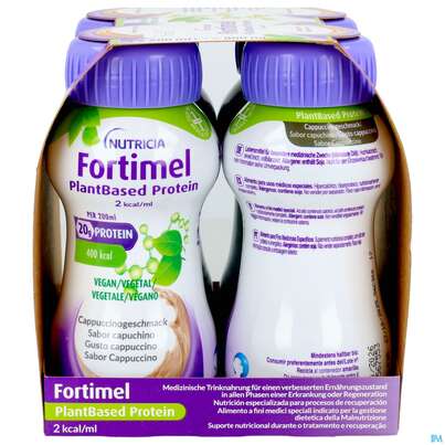 Sie sehen eine Packung Fortimel/plantbased/protein 200ml Flasche Cappuccino 4st, Produktbild: 07 Fortimel/plantbased/protein 200ml Flasche Cappuccino 4st, A-Nr.: 5919624 - 07
