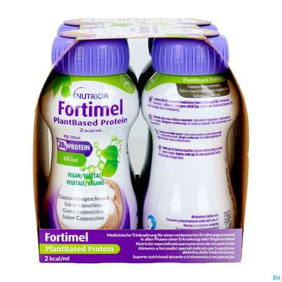Sie sehen eine Packung Fortimel/plantbased/protein 200ml Flasche Cappuccino 4st, Produktbild: 08 Fortimel/plantbased/protein 200ml Flasche Cappuccino 4st, A-Nr.: 5919624 - 08