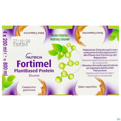Sie sehen eine Packung Fortimel/plantbased/protein 200ml Flasche Cappuccino 4st, Produktbild: 09 Fortimel/plantbased/protein 200ml Flasche Cappuccino 4st, A-Nr.: 5919624 - 09