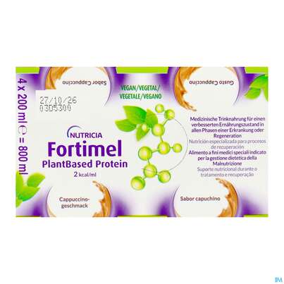 Sie sehen eine Packung Fortimel/plantbased/protein 200ml Flasche Cappuccino 4st, Produktbild: 10 Fortimel/plantbased/protein 200ml Flasche Cappuccino 4st, A-Nr.: 5919624 - 10
