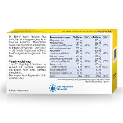 Sie sehen eine Packung Dr. Böhm Basen Tabletten Plus, Produktbild: 06 Dr. Böhm Basen Tabletten Plus, A-Nr.: 2635197 - 06