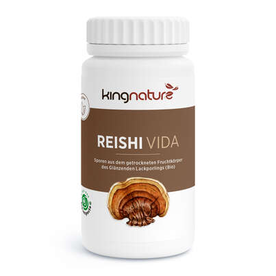 Sie sehen eine Packung KINGNATURE REISHI VIDA Kaps 300 mg Bio Spo 120 Stk, Produktbild: 01 KINGNATURE REISHI VIDA Kaps 300 mg Bio Spo 120 Stk, A-Nr.: 5296330 - 01