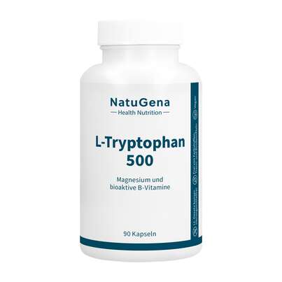 Sie sehen eine Packung NatuGena L-Tryptophan 500 Kapseln, Produktbild: 01 NatuGena L-Tryptophan 500 Kapseln, A-Nr.: 5926860 - 01