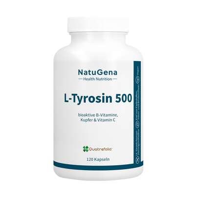 Sie sehen eine Packung NatuGena L-Tyrosin 500 Kapseln, Produktbild: 01 NatuGena L-Tyrosin 500 Kapseln, A-Nr.: 5926802 - 01