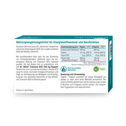 Sie sehen eine Packung Dr. Böhm Coenzym Q10, Produktbild: 06 Dr. Böhm Coenzym Q10, A-Nr.: 5957174 - 06