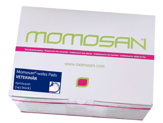 Sie sehen eine Packung MOMOSAN-weiss Pads VETERINÄR 15x10x2cm, 143 Stück, Produktbild: 01 MOMOSAN-weiss Pads VETERINÄR 15x10x2cm, 143 Stück, A-Nr.: 5959322 - 01