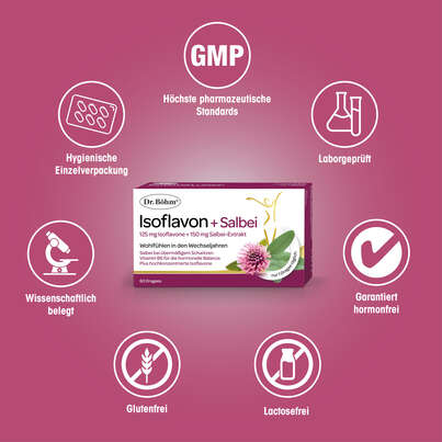 Sie sehen eine Packung Dr. Böhm® Isoflavon + Salbei, Produktbild: 04 Dr. Böhm® Isoflavon + Salbei, A-Nr.: 5741936 - 04
